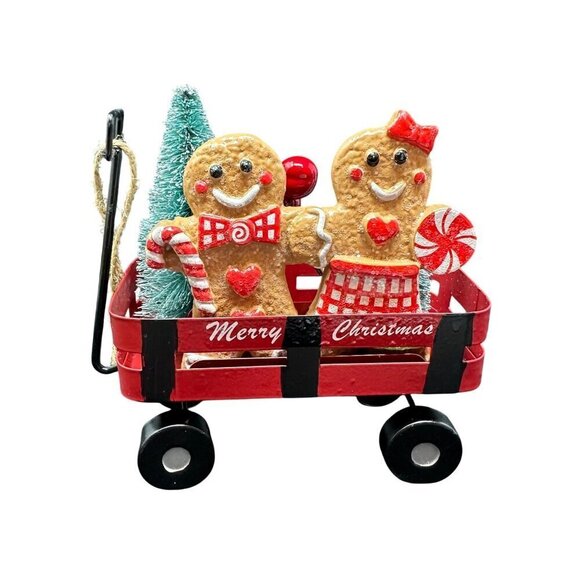 New Gingerbread Boy Girl Ornament Wagon Cart Miniature Christmas Holiday Decor - Picture 2 of 11